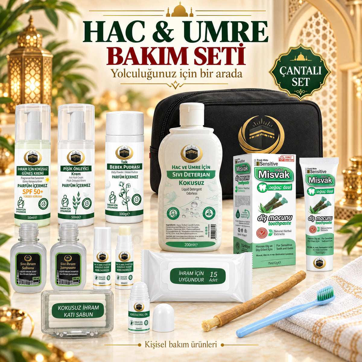 Eksiksiz Erkek & Kadın Hac ve Umre Bakım Seti - Kokusuz ve Çantalı Kişisel Bakım Paketi